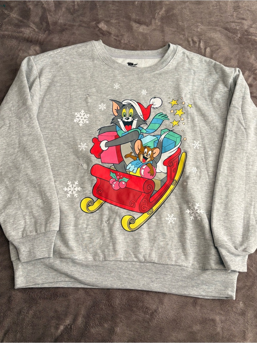 Grey Tom & Jerry Graphic Holiday Crewneck Sweatshirt